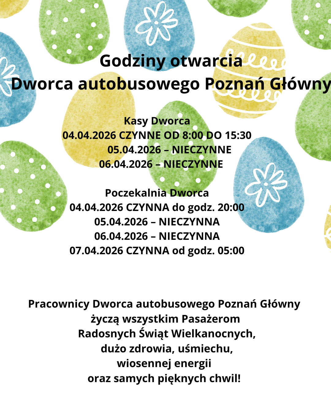 Godziny pracy Dworca autobusowego Poznań Główny, Kas oraz&nbsp;Punktu Informacji Pasażerskiej - Wielkanoc
